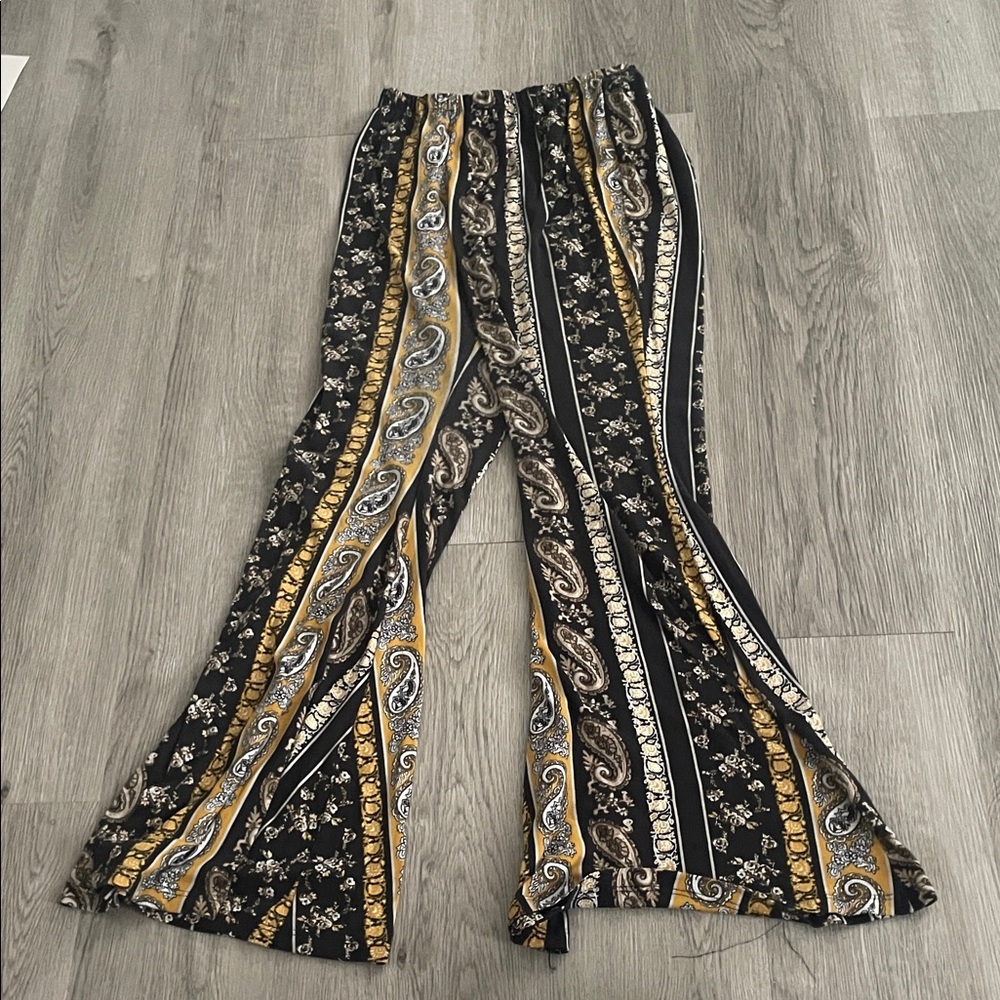 Rue21 Black and Gold Paisley Flare Pants